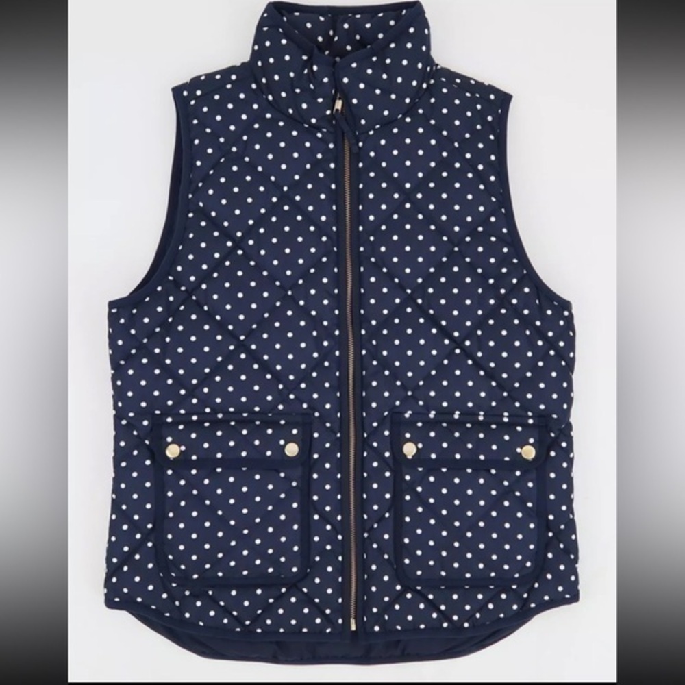 J. Crew Quilted Down Vest Navy Blue White Polka Dot Sz XS